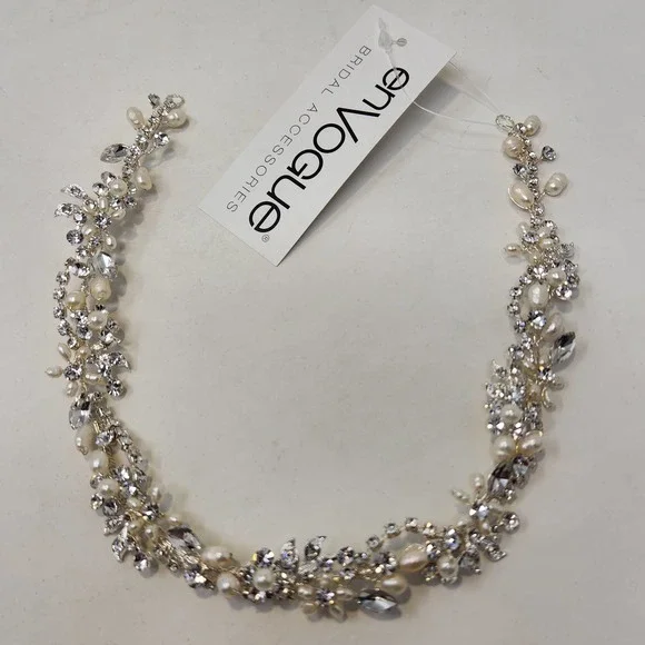 En Vogue Bridal Rhinestone Cultured Pearls Floral Hair Vine Head Piece Crown New Mother of Pearl Floral Wedding Hair Vine -  main image 4
